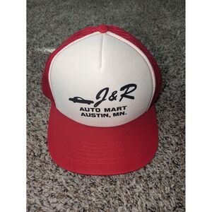 Vintage Mesh Back Trucker Snapback Hat Red White J&R Auto Mart MN